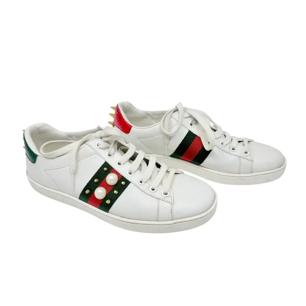 Gucci Ace Sneakers 37 White Leather Pearl Stud Web Stripe Spiked Heel - Picture 1 of 10